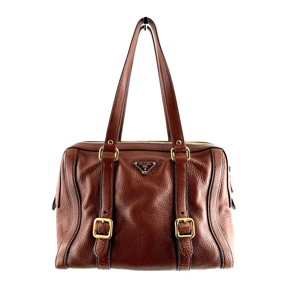 Prada Handbags - Prada Chocolate Brown Vitello Daino Pebbled Leather Zip Top Shoulder Bag EUC